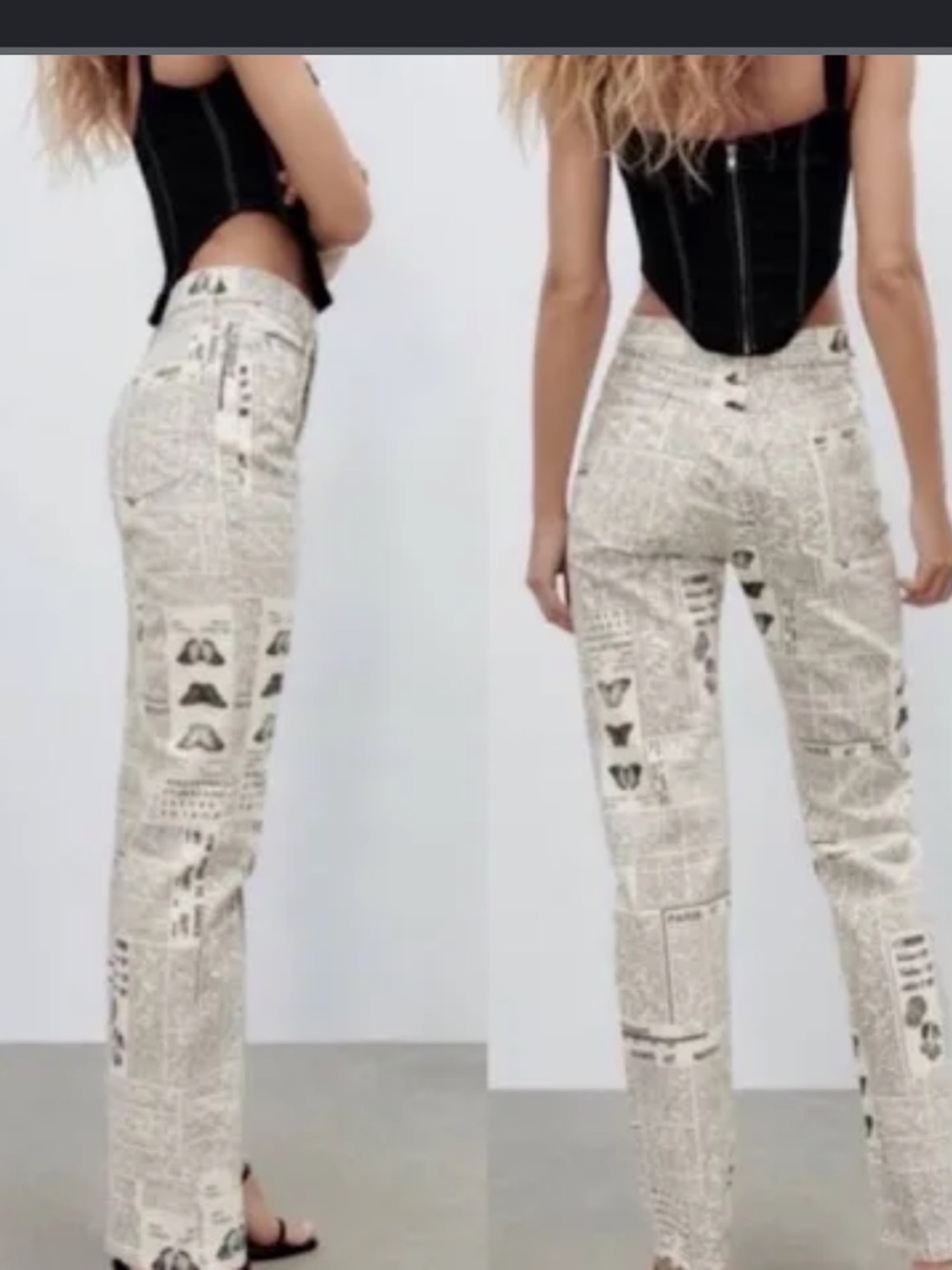 Zara Newspaper-Print Straight-Leg Pants in Cream & Black